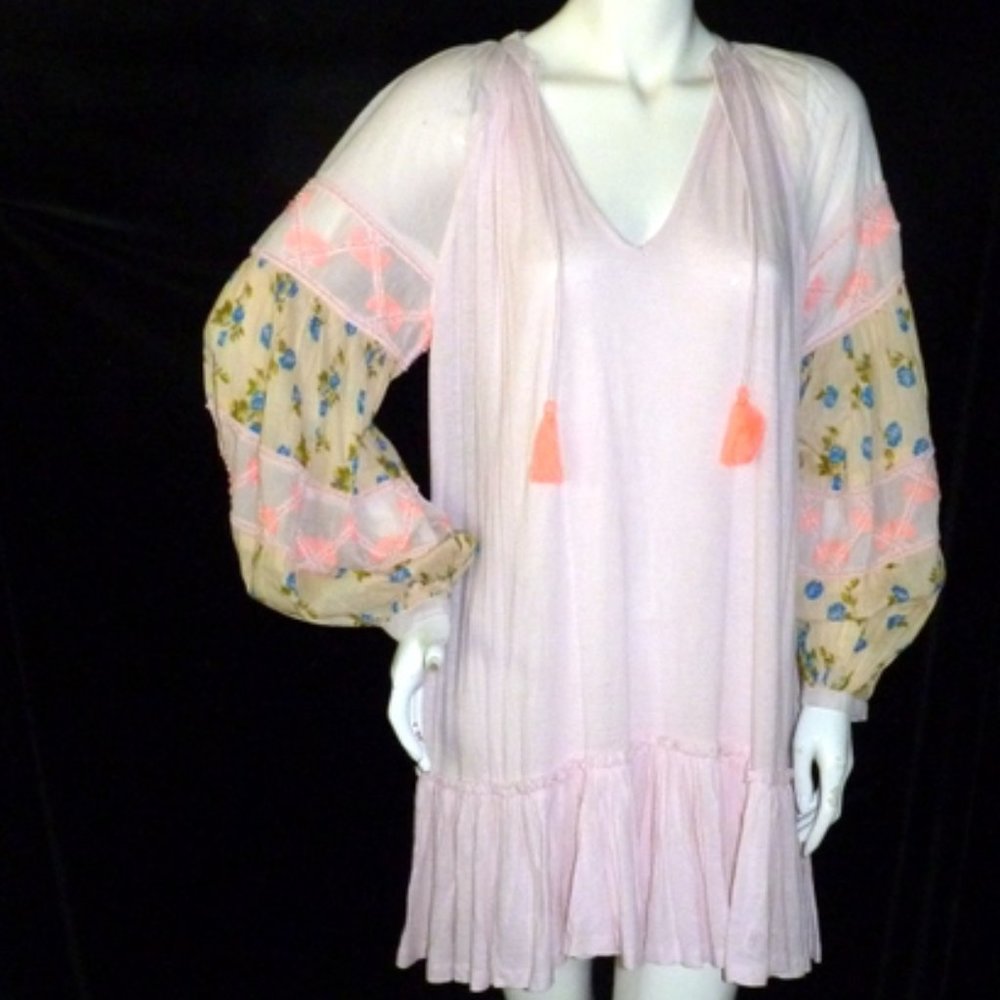 SMALL Free People Mix It Up Dress Loose Fit Floral Beaded Sleeves Boho